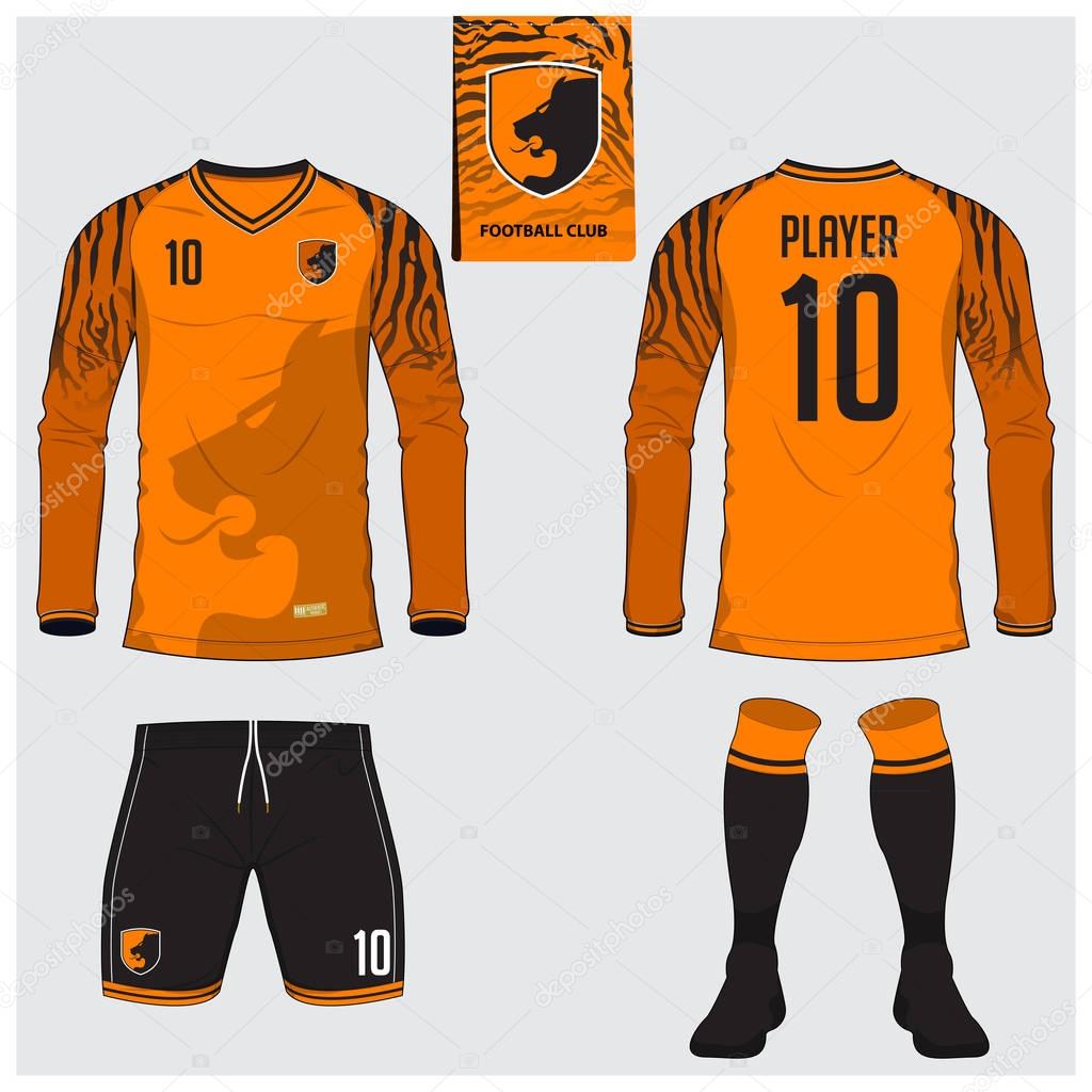 Soccer jersey or football kit, long sleeve, short, sock template for sport club. Tiger stripes football t-shirt mock up. Front, back view soccer uniform. Flat football logo label. Vector Illustration.