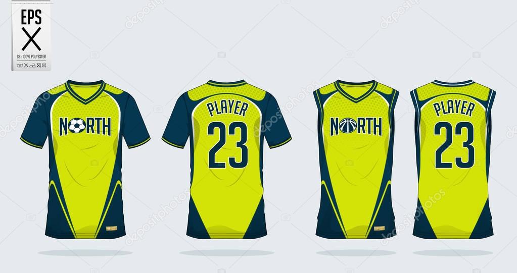 Green and blue t shirt sport design template for soccer jersey, football kit and tank top for basketball jersey. Sport uniform in front view and back view. T-shirt mock up for sport club. Vector.