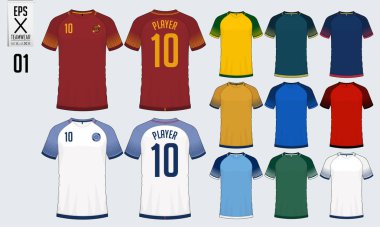 T-shirt Spor Futbol jersey veya futbol takımı şablonu için tasarım. Futbol t-shirt alay et. Ön ve arka futbol Tekdüzen görüntüleyin. Vektör.