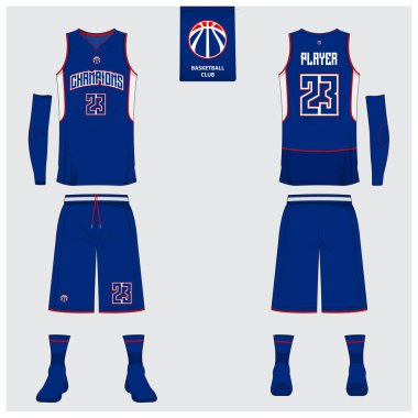 Basketbol tek tip şablon tasarım. Kolsuz tişört mockup basketbol kulübü için. Ön ve arka spor jersey görüntüleyin. Vektör.
