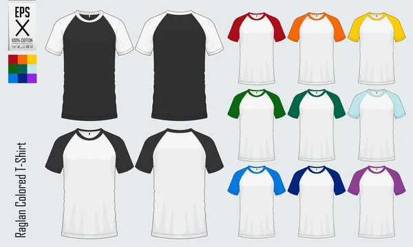 Raglan Rundhalsausschnitt T-Shirts Vorlagen. Set farbiger Trikot-Attrappen in Vorder- und Rückansicht für Baseball, Fußball, Fußball, Sportbekleidung oder Freizeitbekleidung. Vektor. — Stockvektor