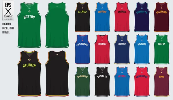 Design de modelo uniforme de basquete. Tank top t-shirt mockup para clube de basquete na divisão de basquete do leste dos EUA. Vista frontal e vista traseira camisola esporte. Vetor . —  Vetores de Stock
