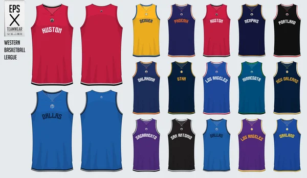 篮球统一模板设计。坦克顶 t-shirt 样机为篮球俱乐部在美国西部篮球分部。前视图和后视图运动球衣。矢量 . — 图库矢量图片
