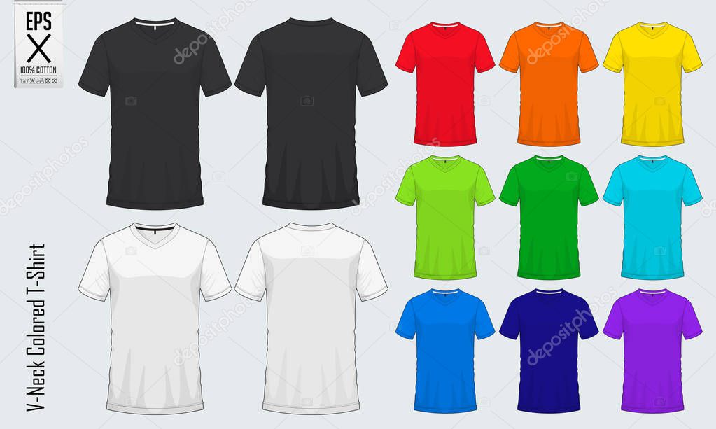 V-neck t-shirts templates. Set of colored shirt mockup in front view and back view for baseball, soccer, football , sportswear or casual wear. Vector.