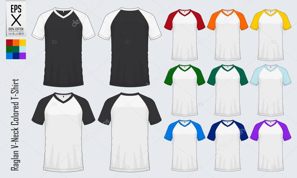 Raglan V-neck t-shirts templates. Set of colored sleeve jersey mockup in front view and back view for baseball, soccer, football , sportswear or casual wear. Vector.