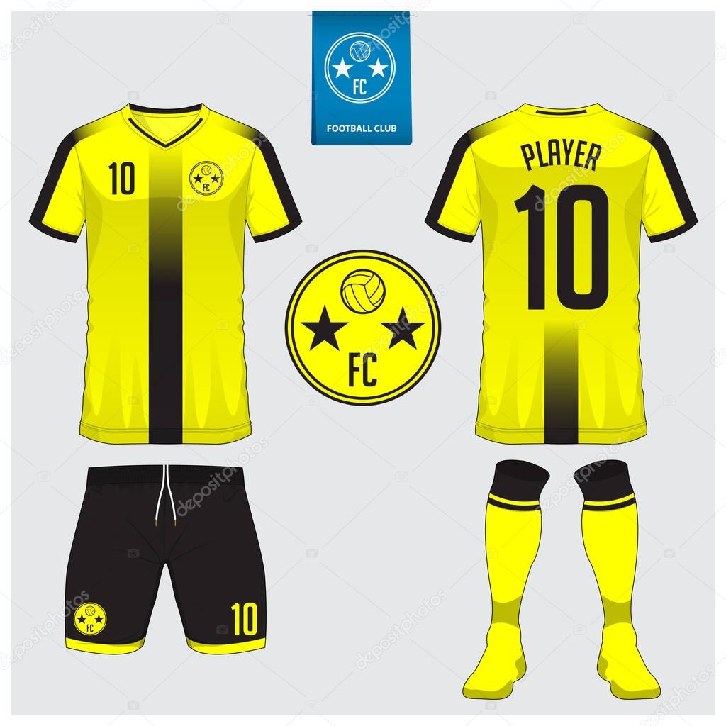 Soccer jersey, football kit, t-shirt sport, short, sock template for sport club. Football t-shirt mock up. Front and back view soccer uniform. Flat football logo on blue label. Vector Illustration.