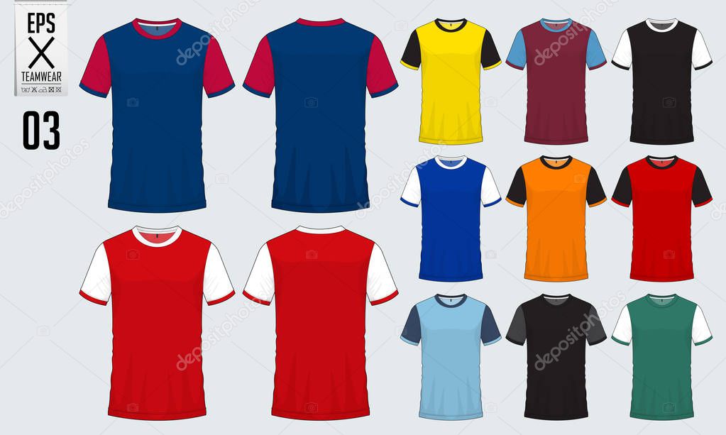 T-shirt sport design for soccer jersey, football kit or sport uniform template. Football t-shirt mock up. Front and back view soccer uniform. Vector