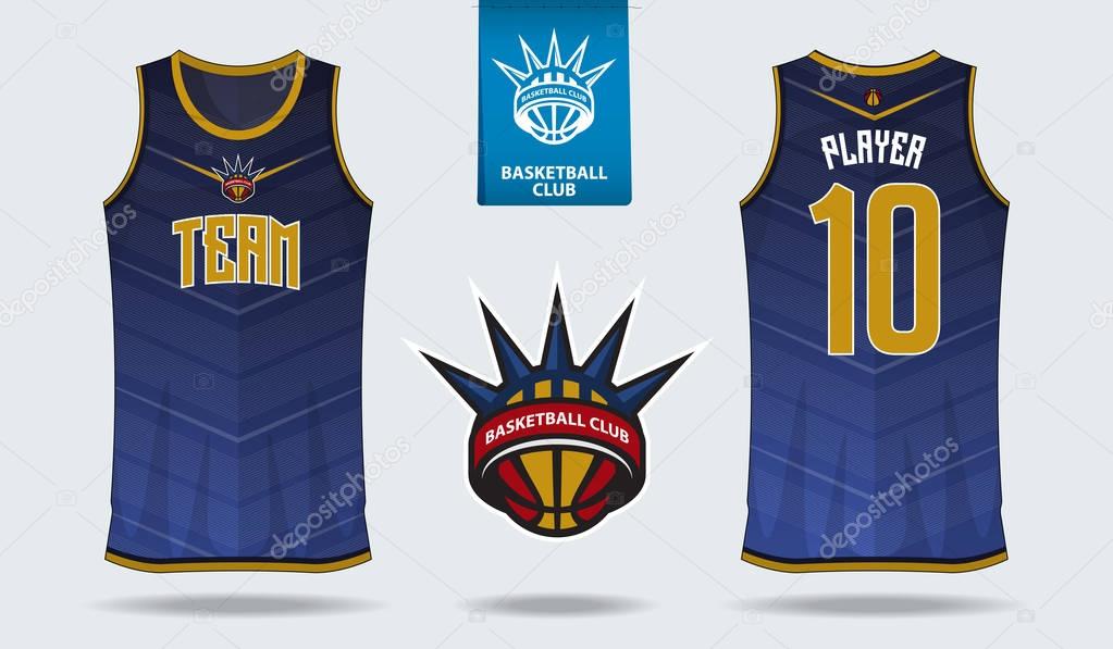 Basketball uniform or sport jersey, shorts, socks template for basketball club. Front and back view sport t-shirt design. Tank top t-shirt mock up with basketball flat logo design. Vector