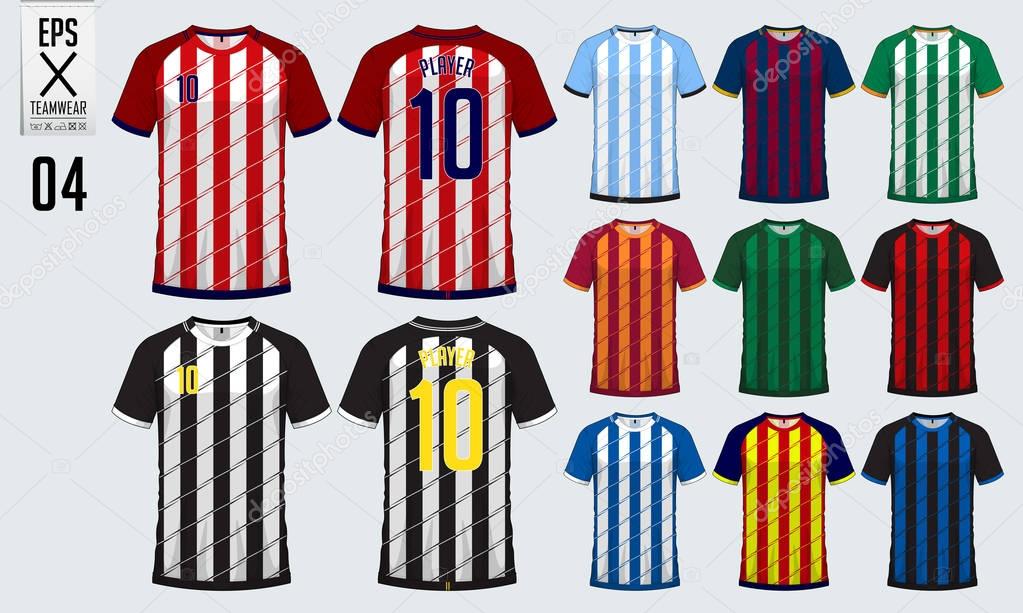 T-shirt sport design for soccer jersey, football kit or sport uniform template. Football t-shirt mock up. Front and back view soccer uniform. Vector Illustration.