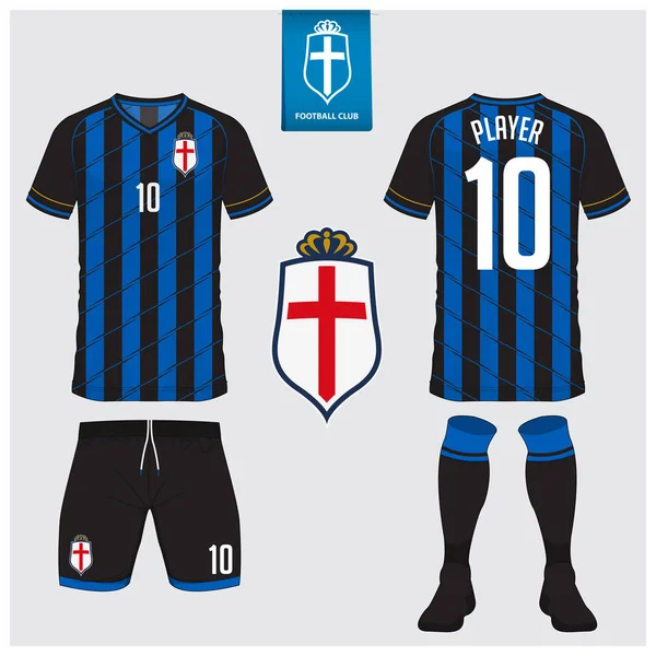 Maglia calcio, kit calcio, t-shirt sport, corto, modello calzino per club sportivo. Maglietta da football truccata. Uniforme calcio vista anteriore e posteriore. Logo calcio piatto su etichetta blu. Vettore . — Vettoriale Stock