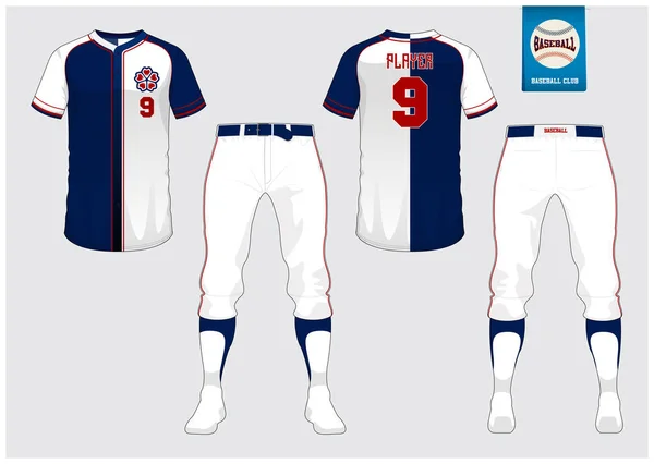Baseball jersey, sport uniform, raglan t-shirt sport, short, sock template. Baseball t-shirt mock up. Front and back view sport uniform. Flat baseball logo on blue label. Vector.