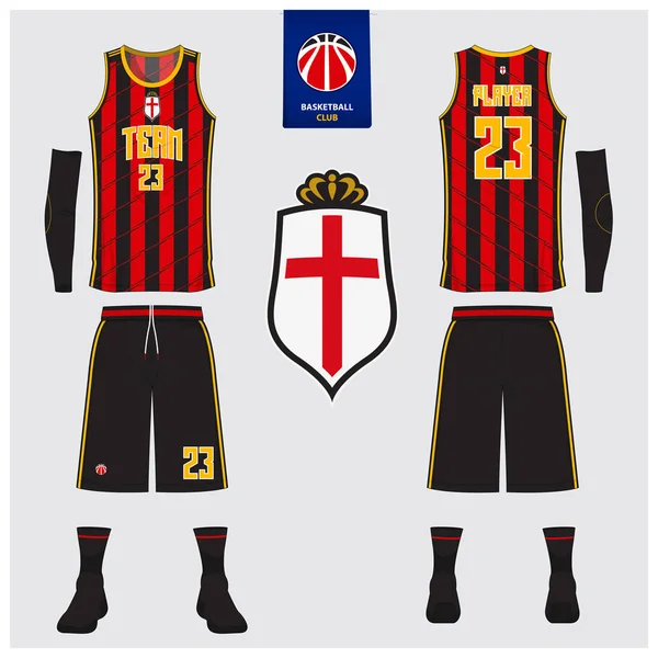 Basketball uniform or sport jersey, shorts, socks template for basketball club. Front and back view sport t-shirt design. Tank top t-shirt mock up with basketball flat logo design. Vector.