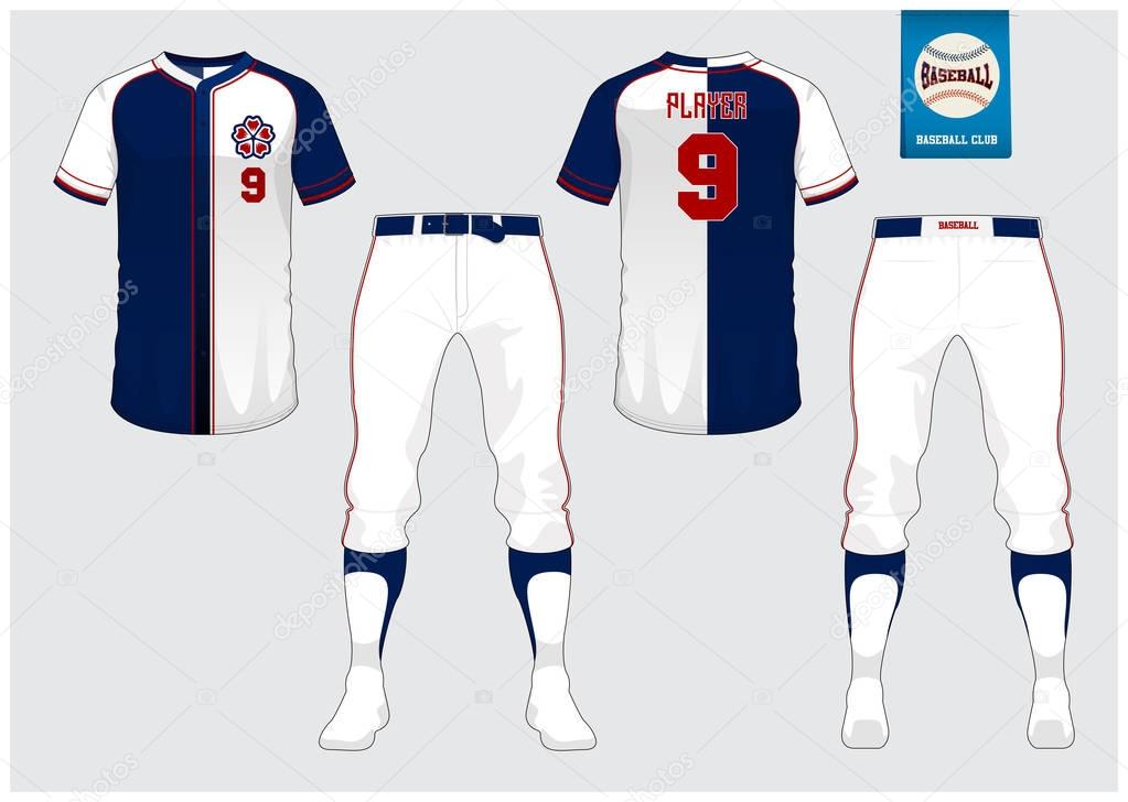 Baseball jersey, sport uniform, raglan t-shirt sport, short, sock template. Baseball t-shirt mock up. Front and back view sport uniform. Flat baseball logo on blue label. Vector Illustration.