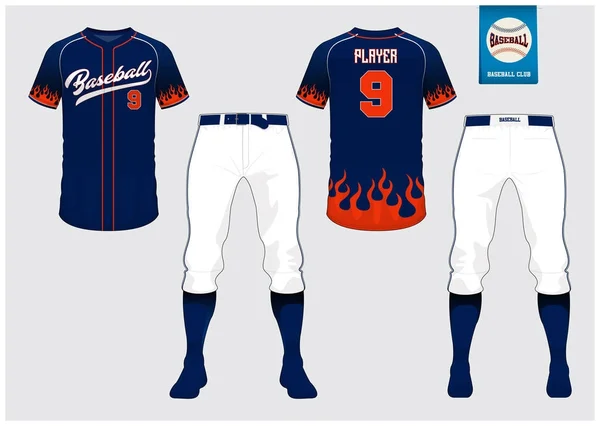 Maillot de baseball, uniforme de sport, raglan t-shirt sport, modèle court, chaussette. T-shirt de baseball maquillé. Uniforme de baseball vue de face et de derrière. Logo de baseball plat sur étiquette bleue. Vecteur . — Image vectorielle