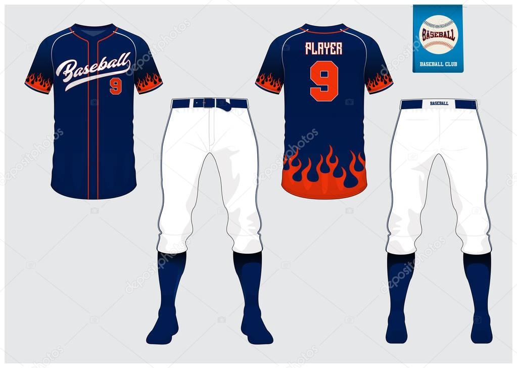 Baseball jersey, sport uniform, raglan t-shirt sport, short, sock template. Baseball t-shirt mock up. Front and back view baseball uniform. Flat baseball logo on blue label. Vector Illustration.