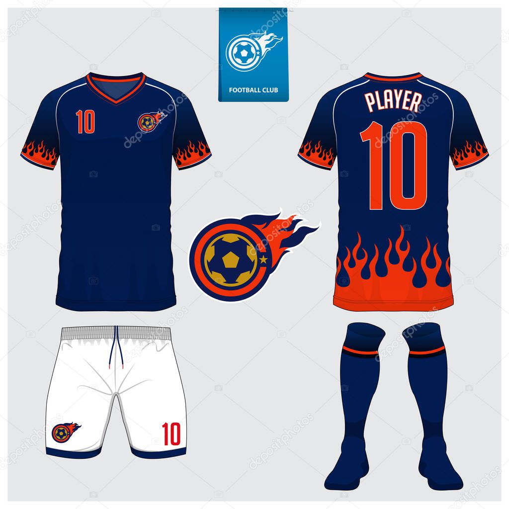 Soccer jersey, football kit, t-shirt sport, short, sock template for sport club. Football t-shirt mock up. Front and back view soccer uniform. Flat football logo on blue label. Vector.