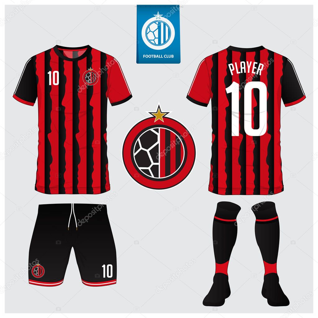 Soccer jersey, football kit, t-shirt sport, short, sock template for sport club. Football t-shirt mock up. Front and back view soccer uniform. Flat football logo on blue label. Vector Illustration.