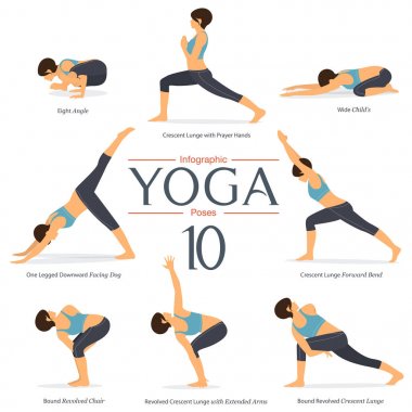 8 yoga teşkil etmektedir düz tasarım kümesi. Mavi spor giyim ve siyah yoga pantolon için yoga infographics kadın figürleri egzersiz. Vektör.