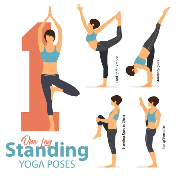 Un conjunto de posturas de yoga figuras femeninas para Infografía 5 Yoga en una pierna de pie posa en diseño plano. Las figuras femeninas se ejercitan en ropa deportiva azul y pantalón de yoga negro. Vector . — Vector de stock