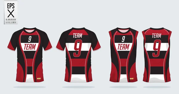 Red and Black T-shirt sport template design for soccer jersey, football kit and tank top for basketball jersey. Sport uniform in front view and back view. Sport shirt mock up for sport club. Vector — Stock Vector