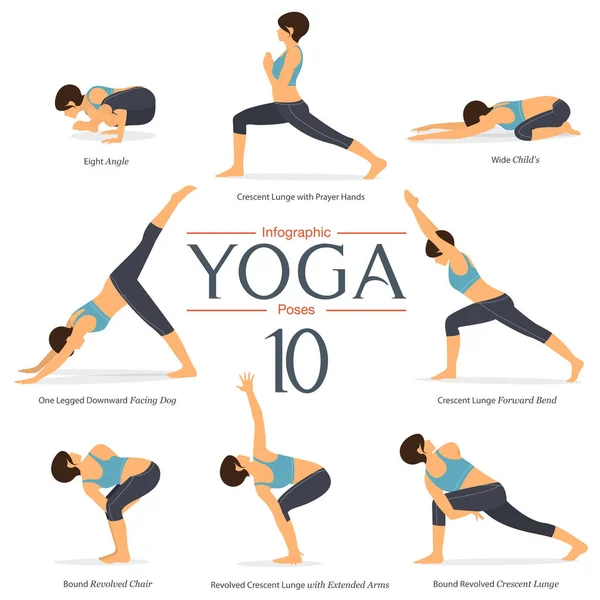 Set van 8 yoga houdingen in platte ontwerp. Vrouw cijfers oefenen in blauwe sportkleding en zwarte yoga broek voor yoga infographics. Vector. — Stockvector