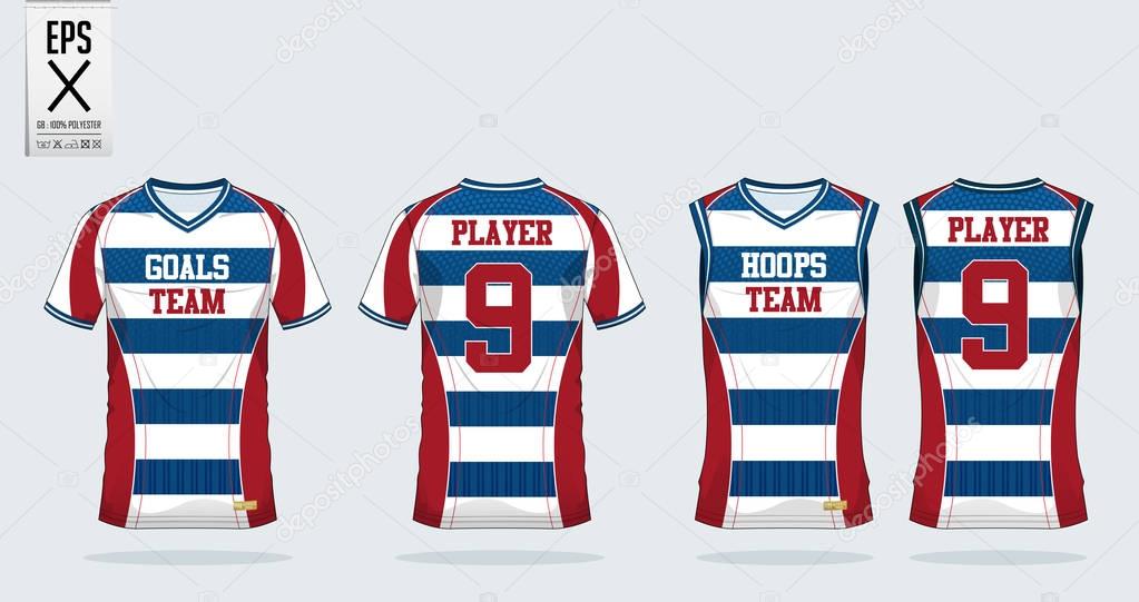 Blue and White T-shirt sport template design for soccer jersey, football kit and tank top for basketball jersey. Sport uniform in front view and back view. Sport shirt mock up for sport club. Vector