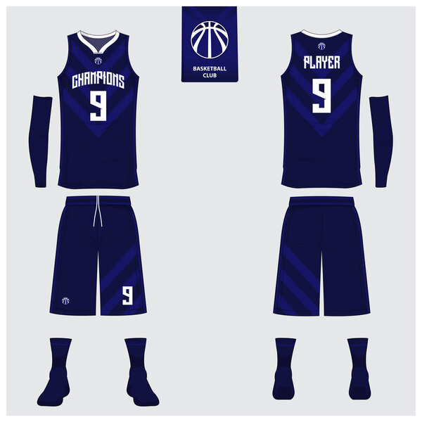 Basketball uniform or sport jersey, shorts, socks template for basketball club. Front and back view sport t-shirt design. Tank top t-shirt mock up with basketball flat logo design. Vector