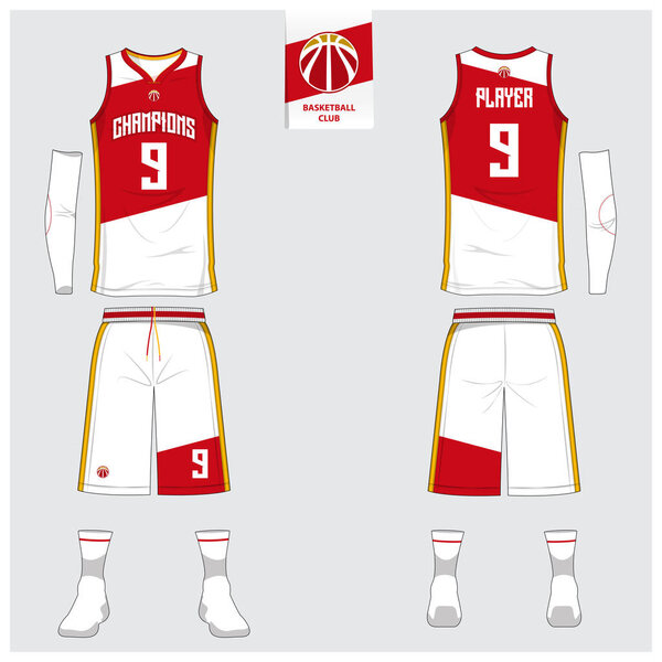 Basketball jersey or sport uniform, shorts, socks template for basketball club. Front and back view sport t-shirt design. Tank top t-shirt mock up with basketball flat logo design. Vector