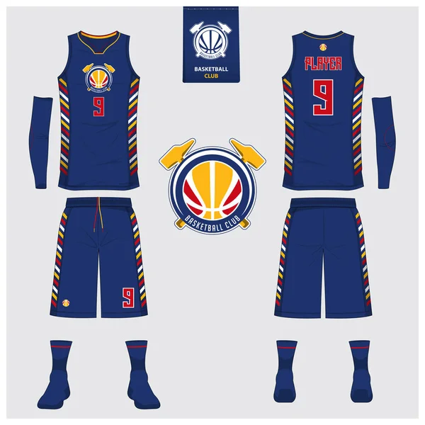 Basketball jersey or sport uniform, shorts, socks template for basketball club. Front and back view sport t-shirt design. Tank top t-shirt mock up with basketball flat logo design. Vector