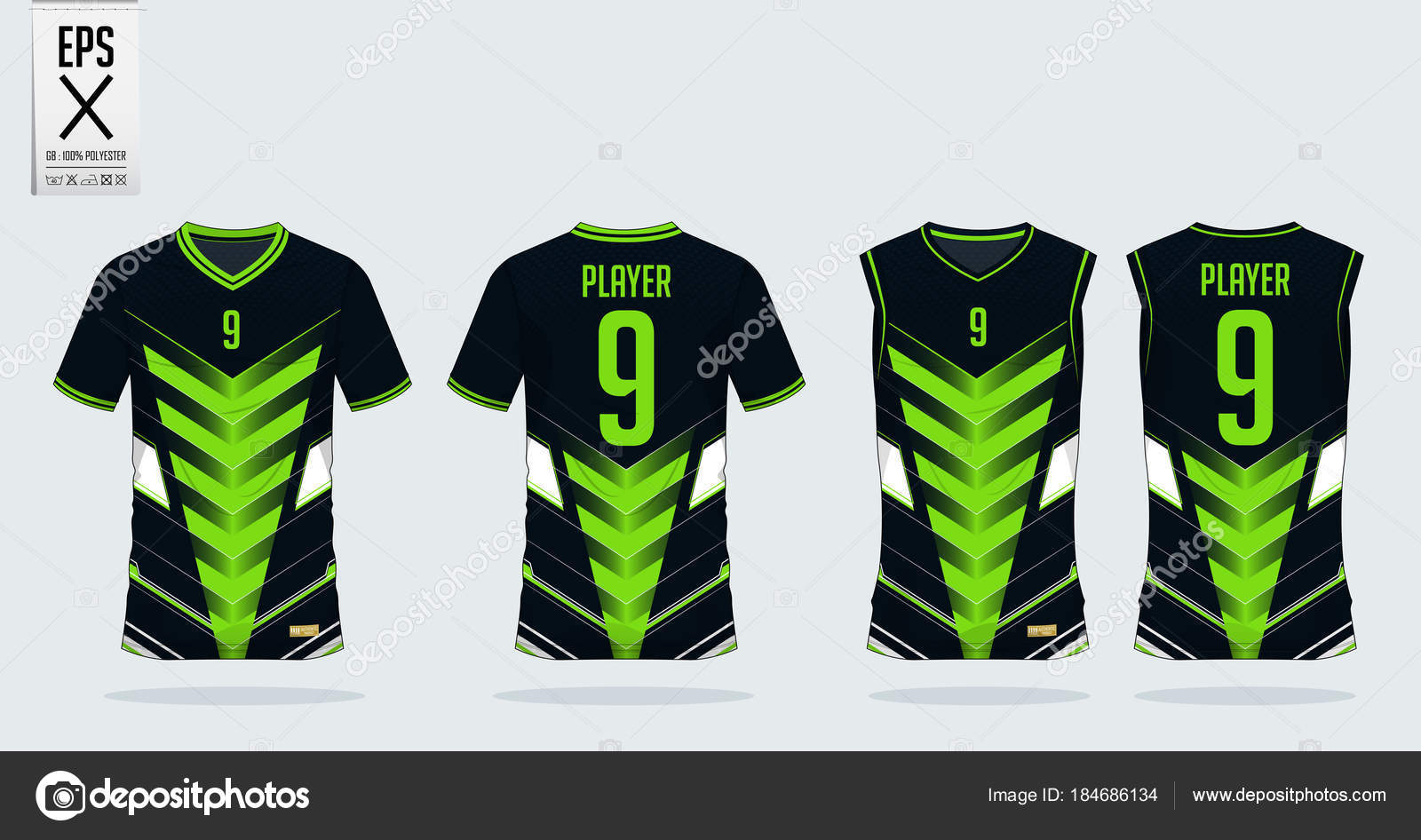 Green-black t-shirt sport design template for soccer jersey, football kit and tank top for basketball jersey. Sport uniform in front and back view. ...