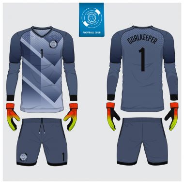 Kaleci jersey ya da futbol takımı, kaleci eldiveni şablon tasarımı. Uzun kollu spor t-shirt sahte kadar. Ön ve arka futbol Tekdüzen görüntüleyin. Düz futbol logo etiket. Vektör