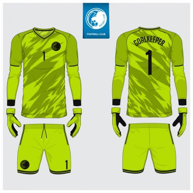 Kaleci jersey ya da futbol takımı, kaleci eldiveni şablon tasarımı. Uzun kollu spor t-shirt sahte kadar. Ön ve arka futbol Tekdüzen görüntüleyin. Düz futbol logo etiket. Vektör.