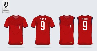 Kırmızı-siyah t-shirt spor tasarım şablonu futbol forma, futbol takımı ve tank top basketbol forması için. Spor üniforma ön ve arkadan görünüm. Tshirt spor kulübü için sahte. Vektör.