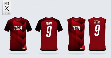 Kırmızı-siyah t-shirt spor tasarım şablonu futbol forma, futbol takımı ve tank top basketbol forması için. Spor üniforma ön ve arkadan görünüm. Tshirt spor kulübü için sahte. Vektör.