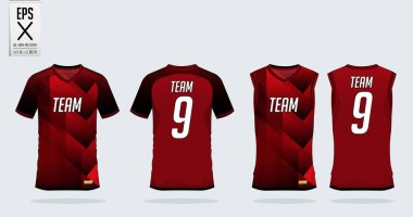 Red-black t-shirt sport design template for soccer jersey, football kit and tank top for basketball jersey. Sport uniform in front and back view. Tshirt mock up for sport club. Vector. clipart