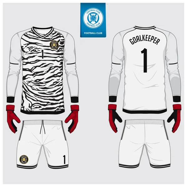 Camisola goleiro ou kit de futebol, projeto modelo luva goleiro. T-shirt de manga comprida esporte mock up. Farda de futebol frontal e traseira. Etiqueta de logotipo de futebol plana. Vetor — Vetor de Stock