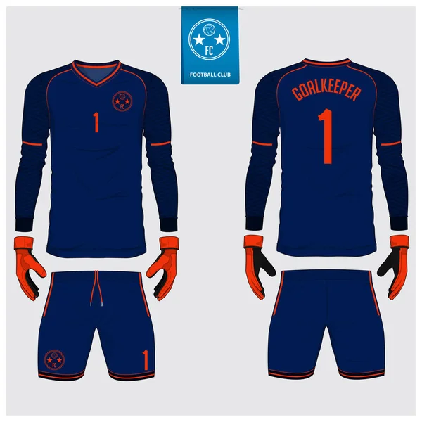 Doelman trui of voetbal kit, keeper handschoen sjabloonontwerp. Lange mouwen sport t-shirt mock up. Voor- en achterkant voetbal uniforme weergeven Platte voetbal logo label. Vector. — Stockvector