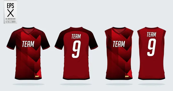 Röd-svart t-shirt sport designmall för fotboll jersey, fotboll kit och linne för basket jersey. Sport uniformen fram och bakifrån. Tshirt mock upp för sport club. Vektor. — Stock vektor