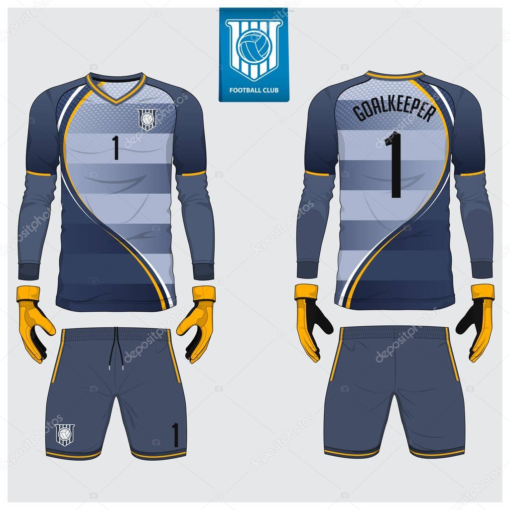 Goalkeeper jersey or soccer kit, goalkeeper glove template design. Long sleeve sport t-shirt mock up. Front and back view football uniform. Flat football logo label. Vector Illustration.