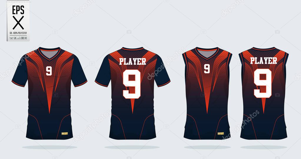 Orange- black t-shirt sport design template for soccer jersey, football kit and tank top for basketball jersey. Sport uniform in front and back view. Tshirt mock up for sport club. Vector 