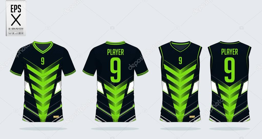 Green-black t-shirt sport design template for soccer jersey, football kit and tank top for basketball jersey. Sport uniform in front and back view. Tshirt mock up for sport club. Vector.