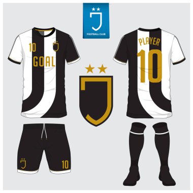 Futbol Forma, futbol takımı, t-shirt spor, kısa, çorap şablon tasarım spor kulübü için. Futbol t-shirt alay et. Ön ve arka futbol Tekdüzen görüntüleyin. Mavi etiket üzerinde düz futbol logo. Vektör.