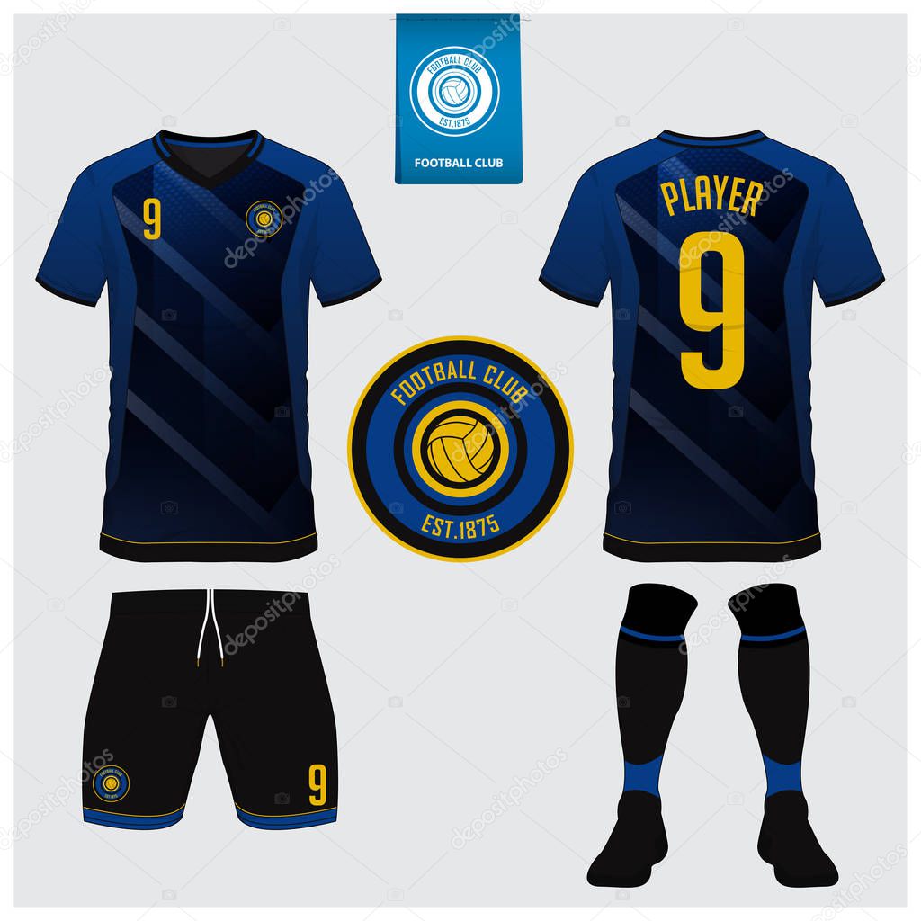 Soccer jersey, football kit, t-shirt sport, short, sock template design for sport club. Football t-shirt mock up. Front and back view soccer uniform. Flat football logo on blue label. Vector Illustration.
