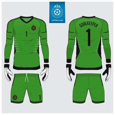 Yeşil kaleci jersey ya da futbol takımı, uzun kollu jersey, kaleci eldiveni şablon tasarımı. Spor t-shirt alay et. Ön ve arka futbol Tekdüzen görüntüleyin. Düz futbol logo etiket. Vektör
