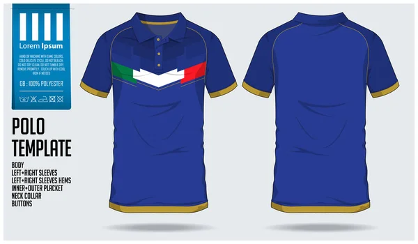 Italia Polo camiseta deportiva plantilla de diseño para camiseta de fútbol, kit de fútbol o club deportivo. Uniforme deportivo en vista frontal y vista trasera. Camiseta maqueta para el club deportivo. Vector — Vector de stock