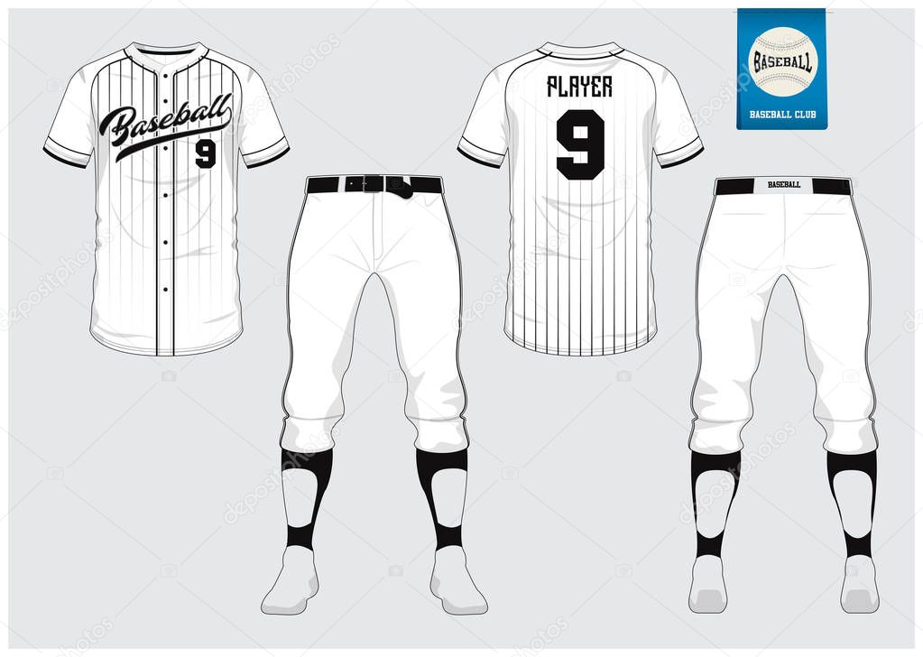 Baseball jersey, sport uniform, raglan t-shirt sport, short, sock template. Baseball t-shirt mock up. Front and back view baseball uniform. Flat baseball logo on blue label. Vector Illustration.