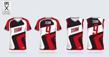 Red-Black-White t-shirt sport design template for soccer jersey, football kit and tank top for basketball jersey. Sport uniform in front and back view. Tshirt mock up for sport club.  clipart