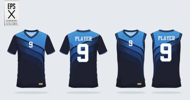 3 Shade of Blue t-shirt sport design template for soccer jersey, football kit and tank top for basketball jersey. Sport uniform in front and back view. Tshirt mock up for sport club.  clipart