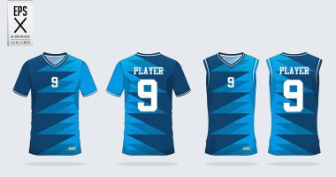 Mavi t-shirt spor tasarım şablonu futbol forma, futbol takımı ve tank top basketbol forması için. Spor üniforma ön ve arkadan görünüm. Tshirt spor kulübü için sahte. 