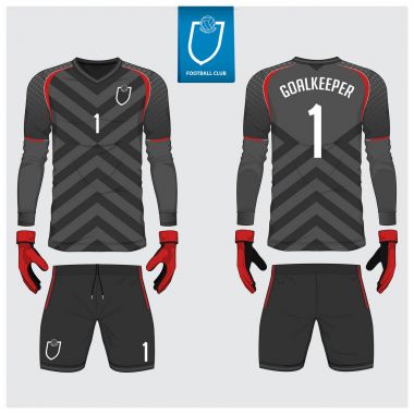 Kaleci jersey ya da futbol takımı, uzun kollu jersey, kaleci eldiveni şablon tasarımı. Spor t-shirt alay et. Ön ve arka futbol Tekdüzen görüntüleyin. Düz futbol logo etiket. Vektör